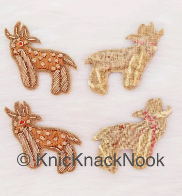 Hand Embroidered Deer Applique In Gold, Beige And Red Zardozi Threadwork, Animal Motif